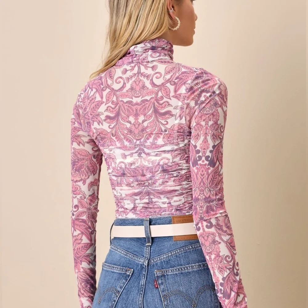 Free People X REVOLVE Under It All Bodysuit Ruched Long Sleeve Peony Combo XS